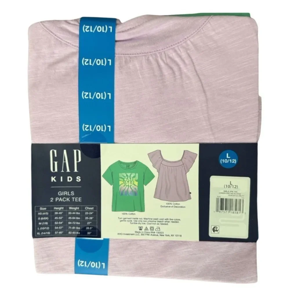 GAP Kids Girls 2-Pack Tees L 10/12 Green Orchid Bloom Retro Flutter NWT⁠